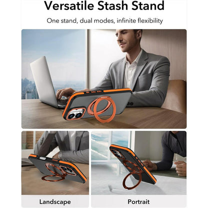 For iPhone 16 Magnetic Case Double Color Rotating Ring Kickstand PC + TPU Phone Cover