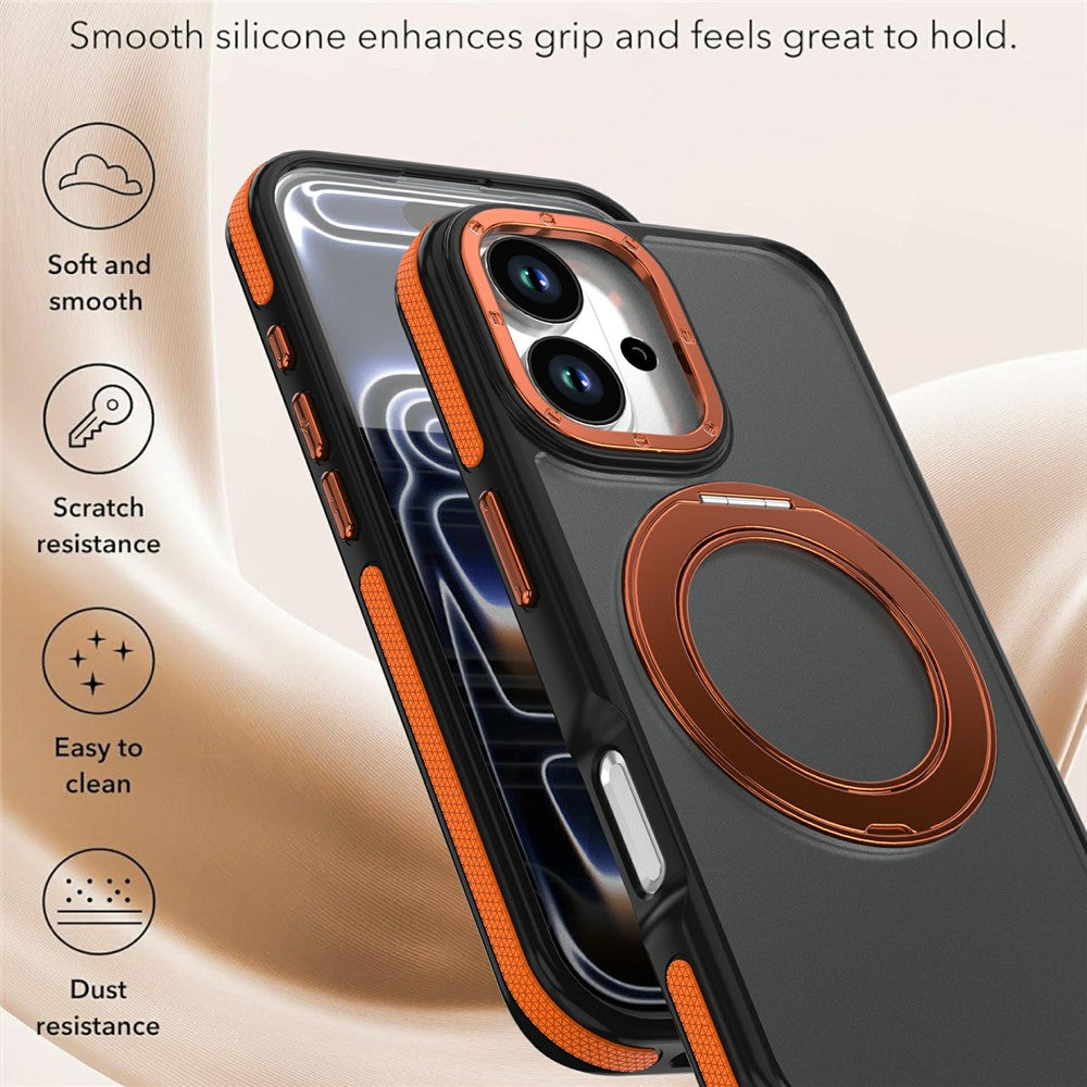 For iPhone 16 Magnetic Case Double Color Rotating Ring Kickstand PC + TPU Phone Cover