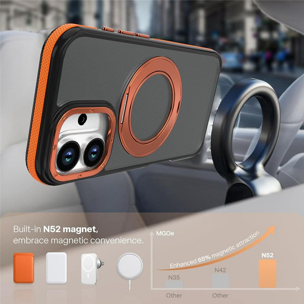 For iPhone 16 Magnetic Case Double Color Rotating Ring Kickstand PC + TPU Phone Cover