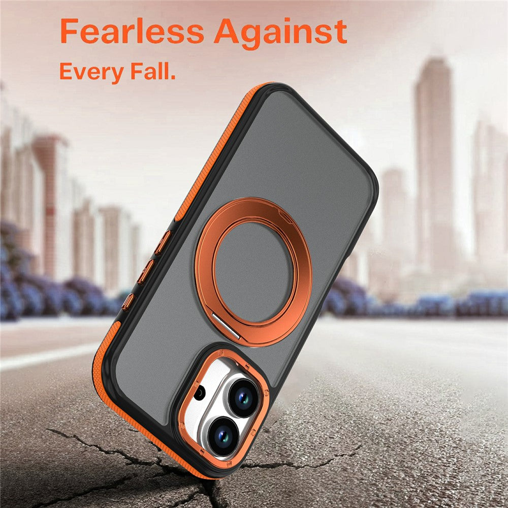 For iPhone 16 Magnetic Case Double Color Rotating Ring Kickstand PC + TPU Phone Cover