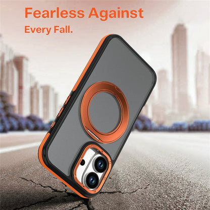 For iPhone 16 Magnetic Case Double Color Rotating Ring Kickstand PC + TPU Phone Cover