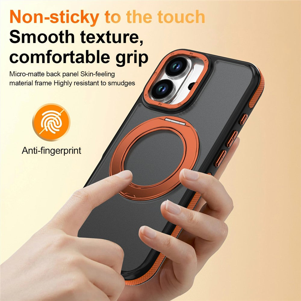 For iPhone 16 Magnetic Case Double Color Rotating Ring Kickstand PC + TPU Phone Cover