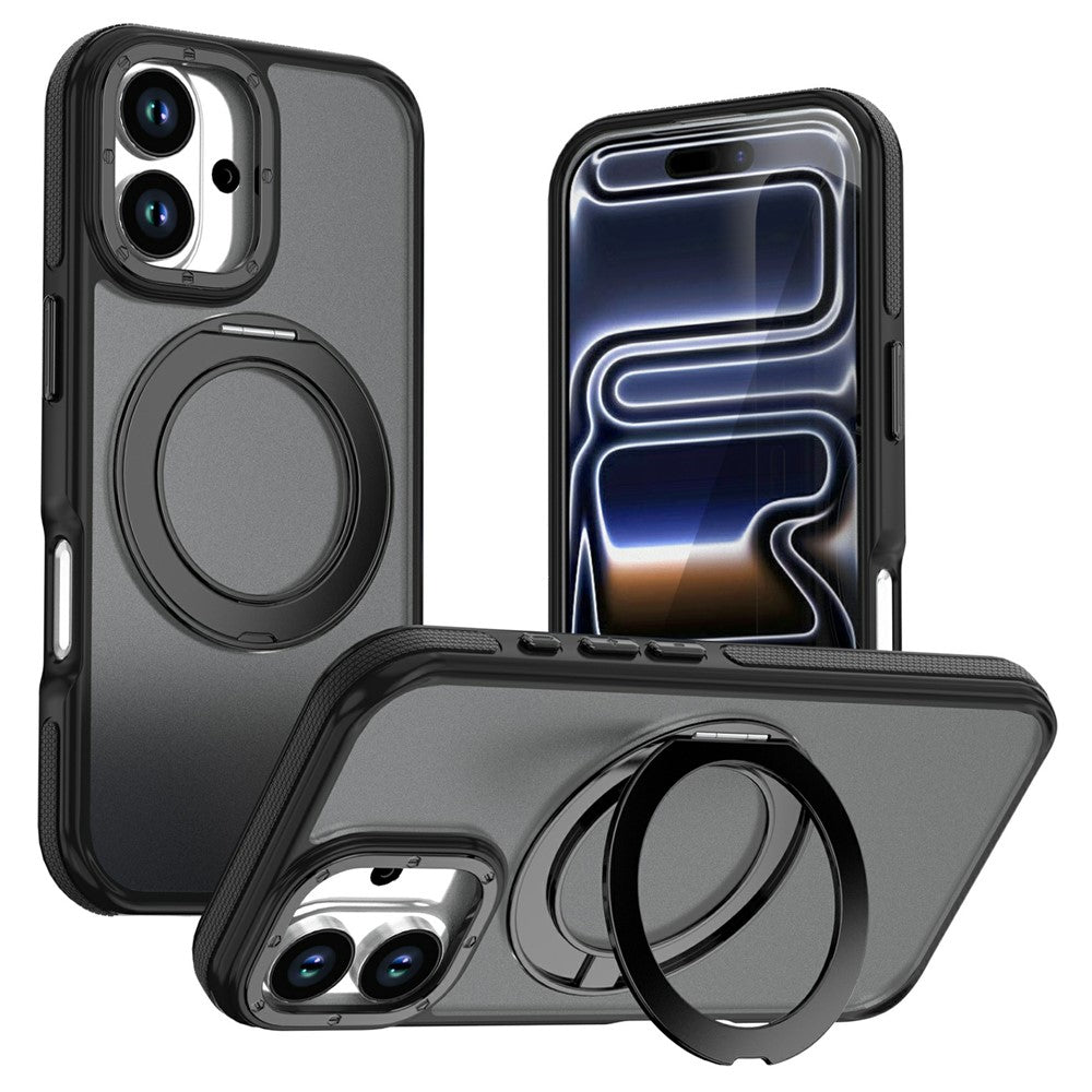 For iPhone 16 Magnetic Case Double Color Rotating Ring Kickstand PC + TPU Phone Cover