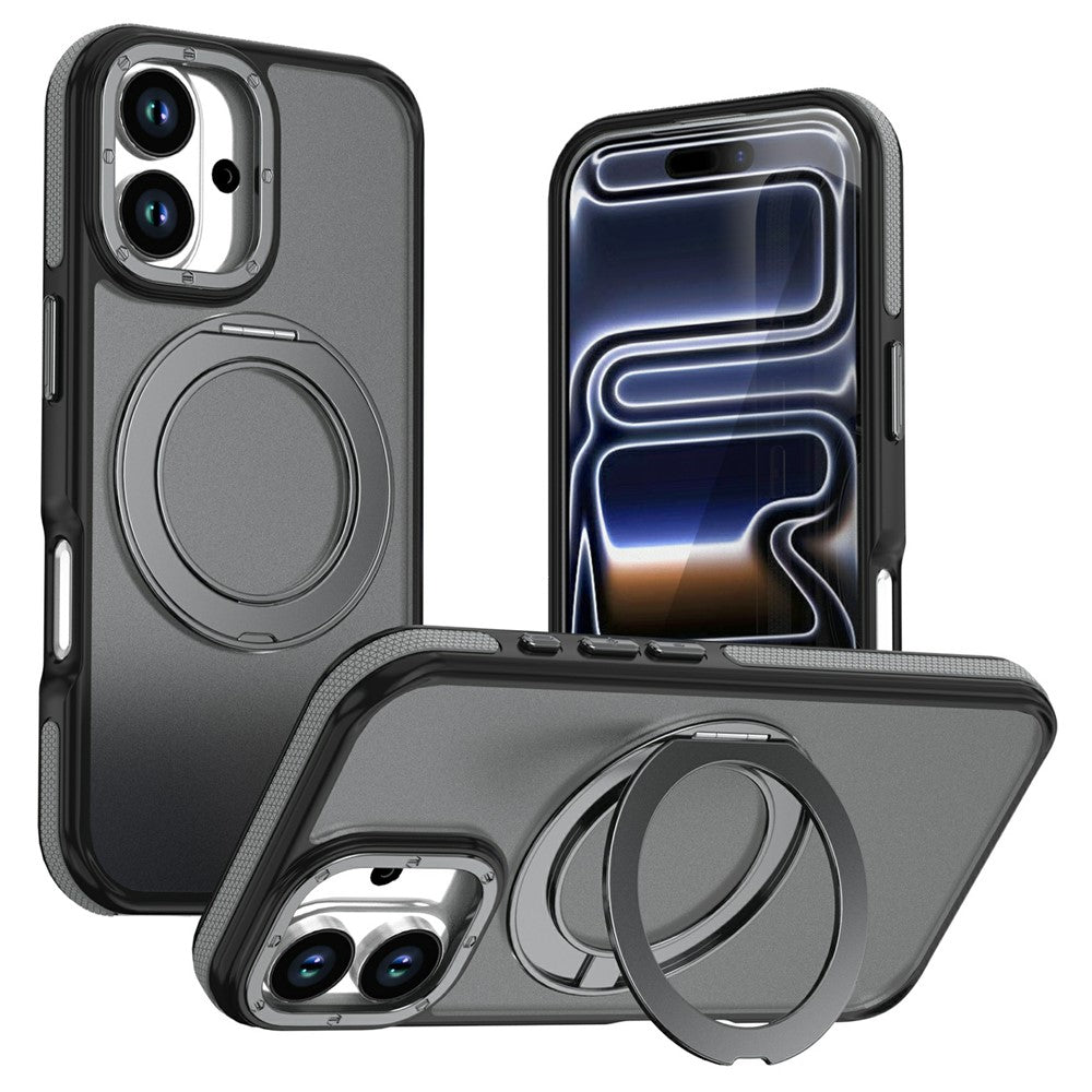 For iPhone 16 Magnetic Case Double Color Rotating Ring Kickstand PC + TPU Phone Cover
