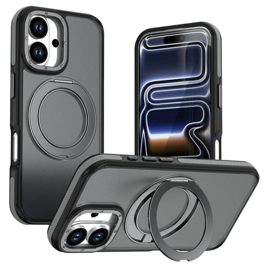 For iPhone 16 Magnetic Case Double Color Rotating Ring Kickstand PC + TPU Phone Cover