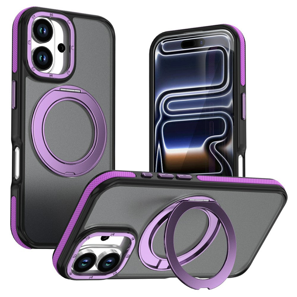 For iPhone 16 Magnetic Case Double Color Rotating Ring Kickstand PC + TPU Phone Cover