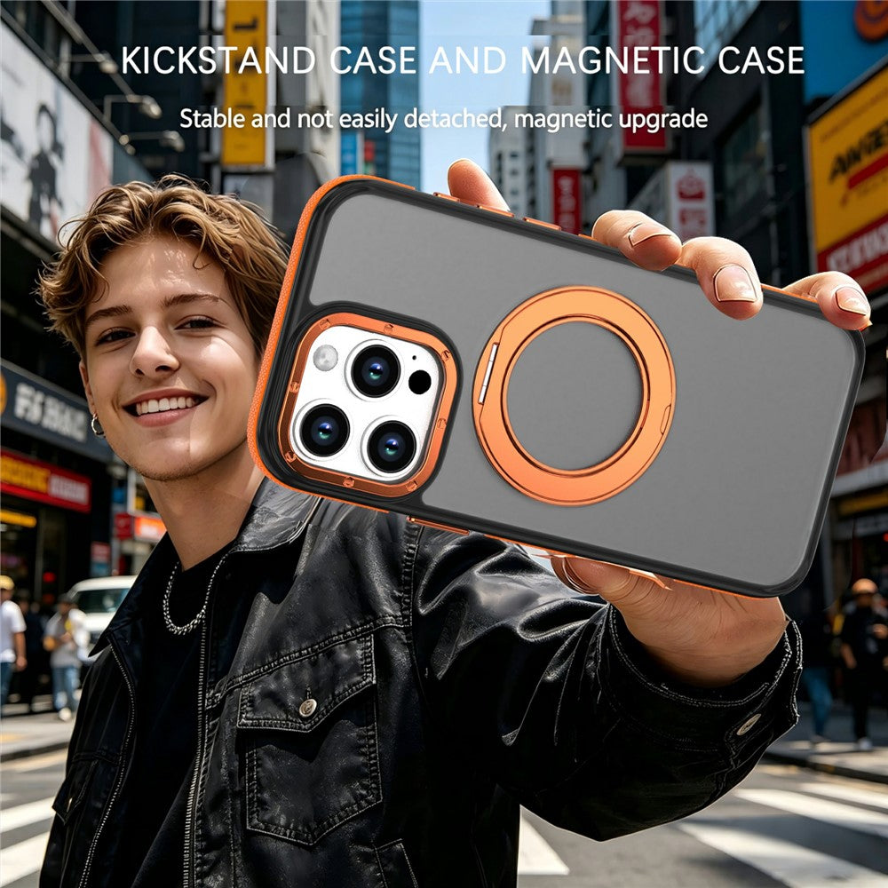 For iPhone 16 Pro Magnetic Case Double Color Rotating Ring Kickstand PC + TPU Phone Cover
