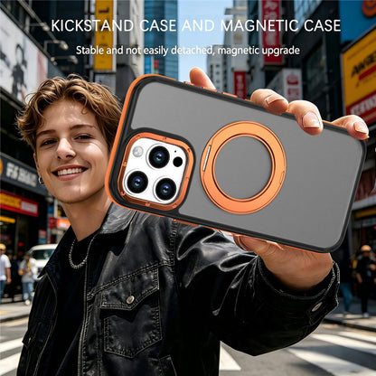For iPhone 16 Pro Magnetic Case Double Color Rotating Ring Kickstand PC + TPU Phone Cover