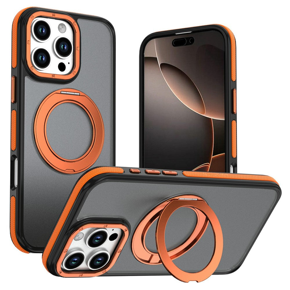 For iPhone 16 Pro Magnetic Case Double Color Rotating Ring Kickstand PC + TPU Phone Cover