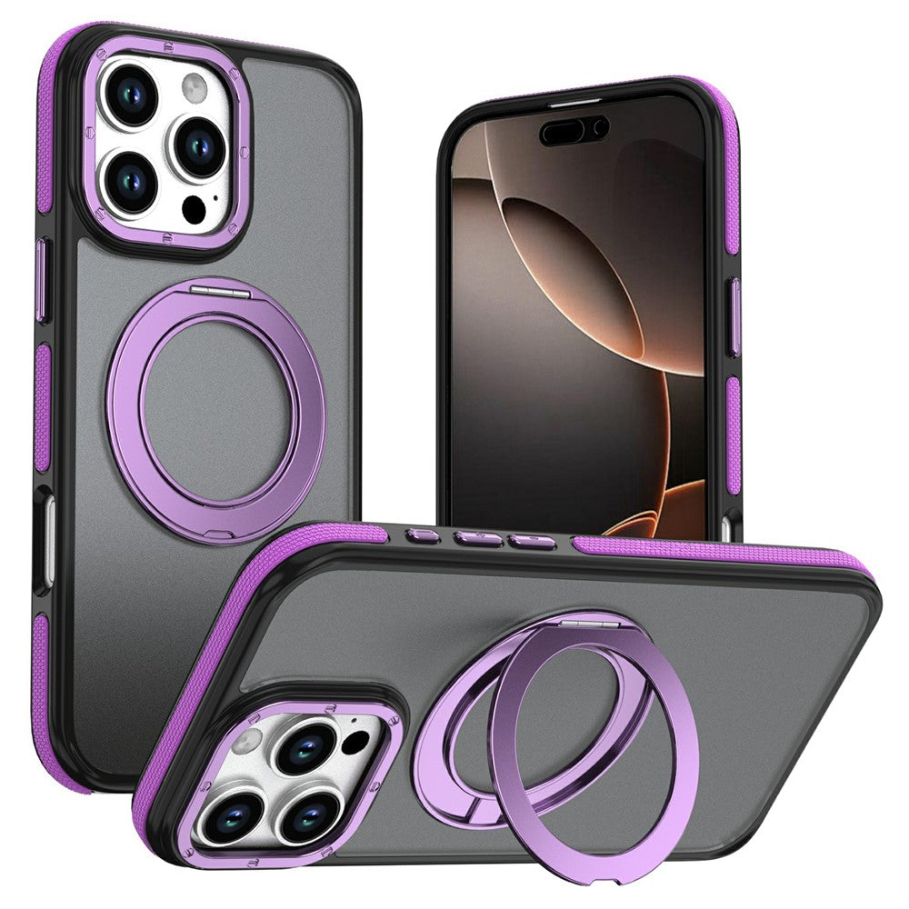 For iPhone 16 Pro Magnetic Case Double Color Rotating Ring Kickstand PC + TPU Phone Cover