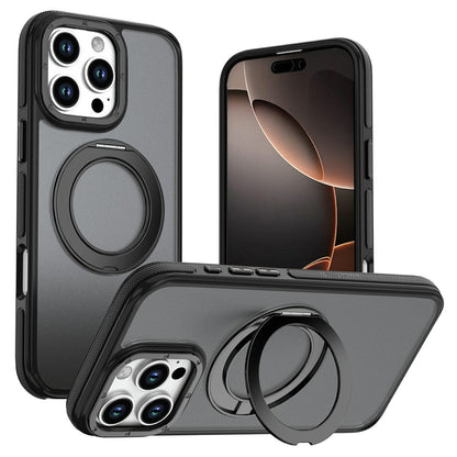 For iPhone 16 Pro Max Magnetic Case Double Color Rotating Ring Kickstand PC + TPU Phone Cover