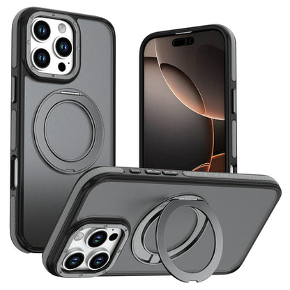 For iPhone 16 Pro Max Magnetic Case Double Color Rotating Ring Kickstand PC + TPU Phone Cover