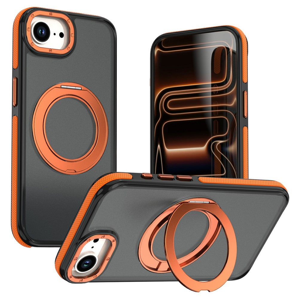 For iPhone 16e  /  17e Magnetic Case Double Color Rotating Ring Kickstand PC + TPU Phone Cover