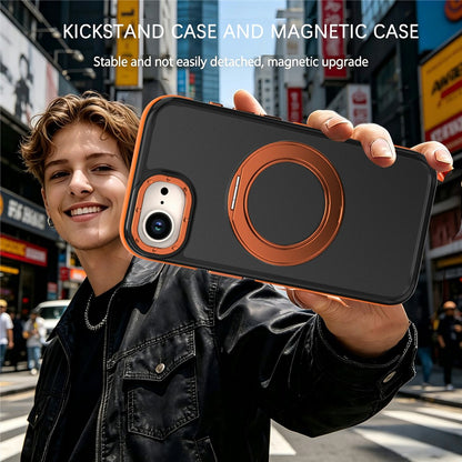 For iPhone 16e  /  17e Magnetic Case Double Color Rotating Ring Kickstand PC + TPU Phone Cover