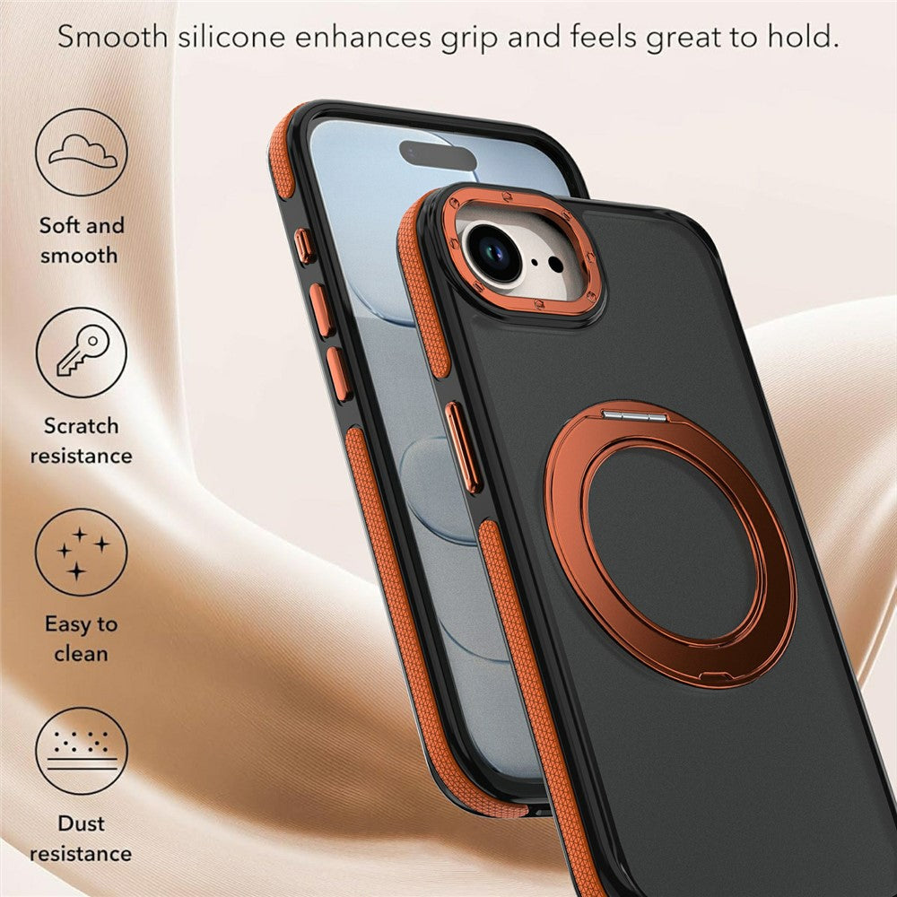 For iPhone 16e  /  17e Magnetic Case Double Color Rotating Ring Kickstand PC + TPU Phone Cover