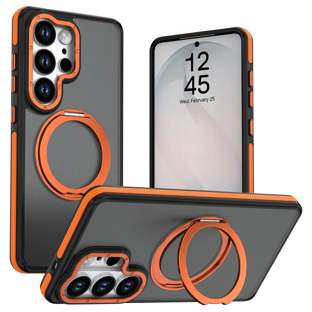 For Samsung Galaxy S25 Ultra Magnetic Case Double Color Rotating Ring Kickstand PC + TPU Phone Cover
