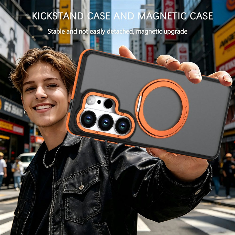 For Samsung Galaxy S25 Ultra Magnetic Case Double Color Rotating Ring Kickstand PC + TPU Phone Cover