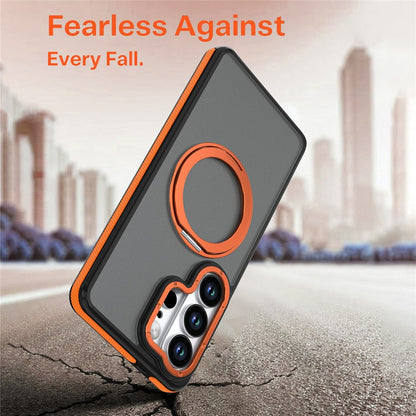 For Samsung Galaxy S25 Ultra Magnetic Case Double Color Rotating Ring Kickstand PC + TPU Phone Cover