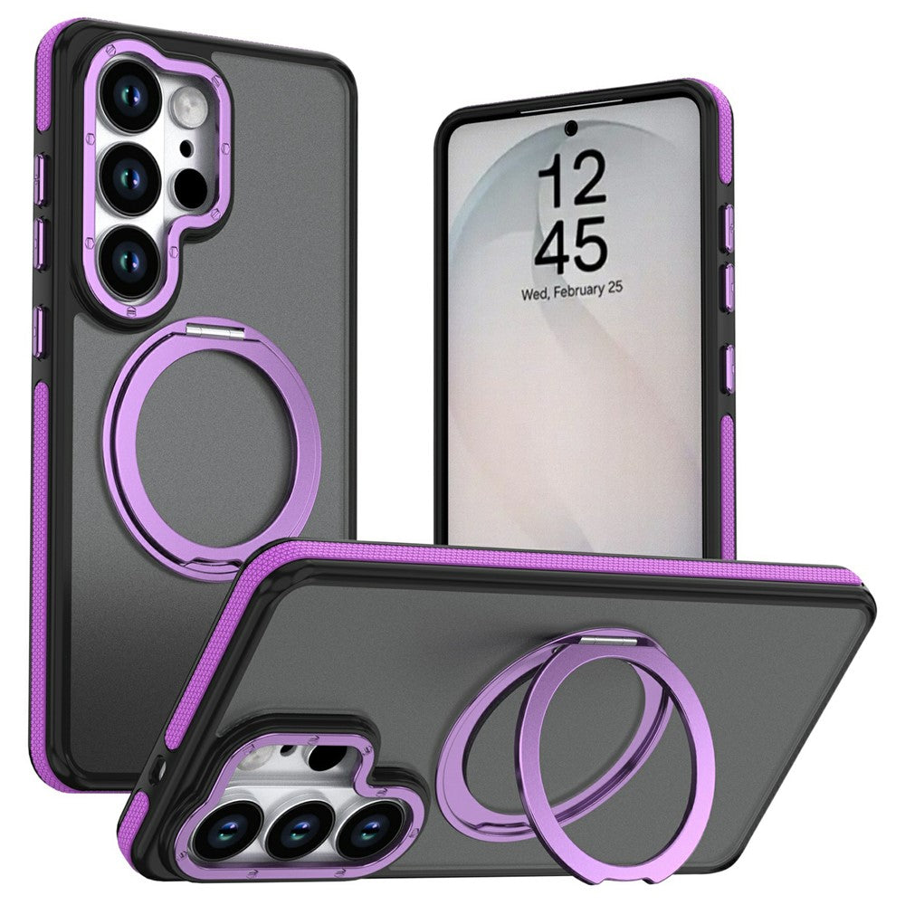 For Samsung Galaxy S25 Ultra Magnetic Case Double Color Rotating Ring Kickstand PC + TPU Phone Cover
