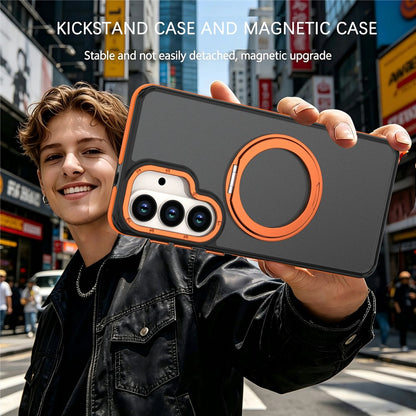 For Samsung Galaxy S26+ Magnetic Case Double Color Rotating Ring Kickstand PC + TPU Phone Cover
