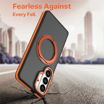 For Samsung Galaxy S26+ Magnetic Case Double Color Rotating Ring Kickstand PC + TPU Phone Cover
