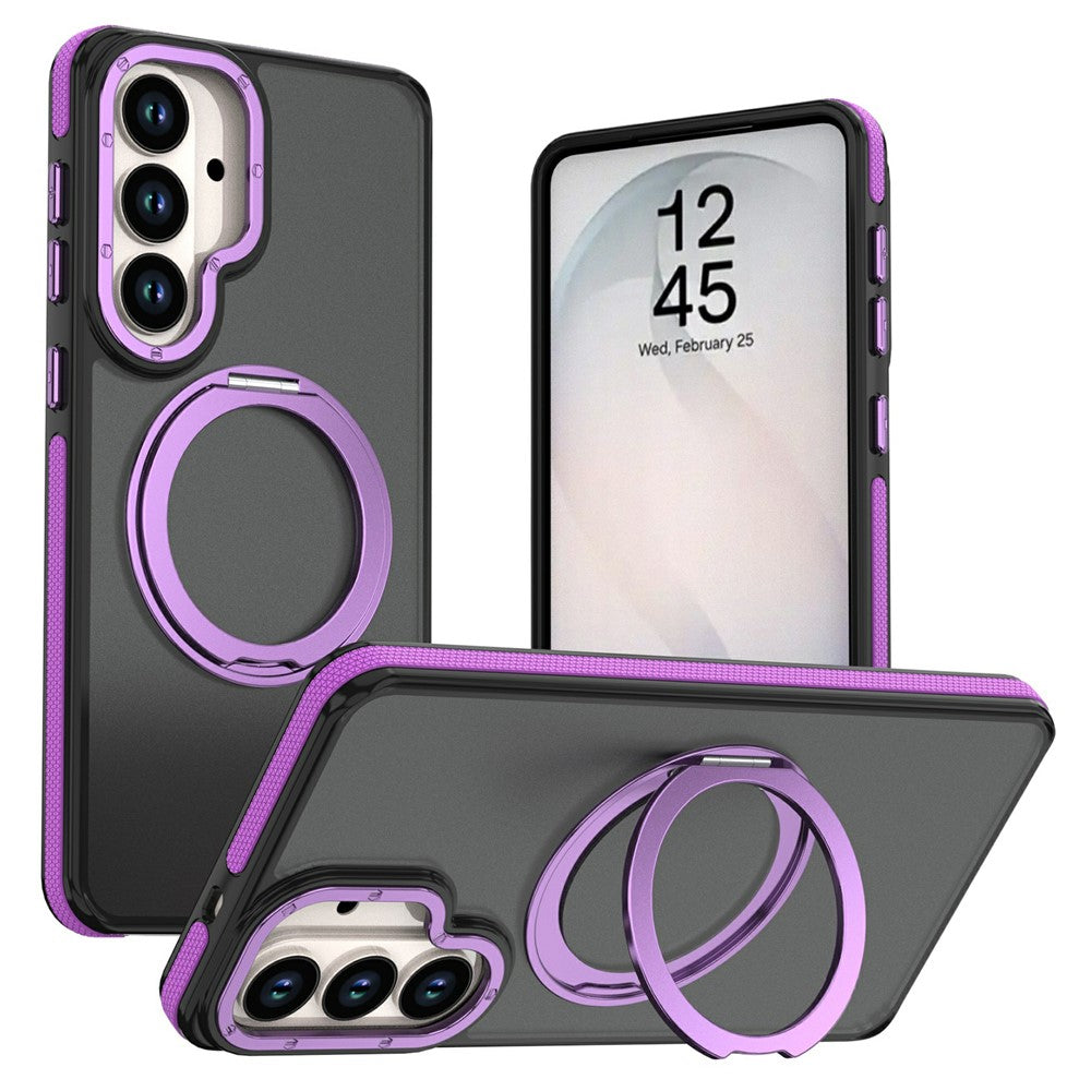 For Samsung Galaxy S26+ Magnetic Case Double Color Rotating Ring Kickstand PC + TPU Phone Cover