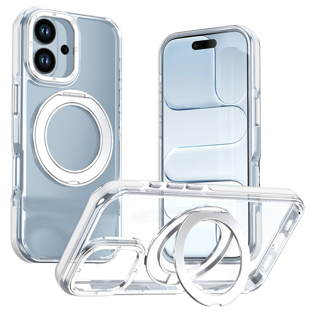 For iPhone 17 Magnetic Case Rotating Ring Kickstand Dual Color Acrylic + TPU Clear Phone Cover