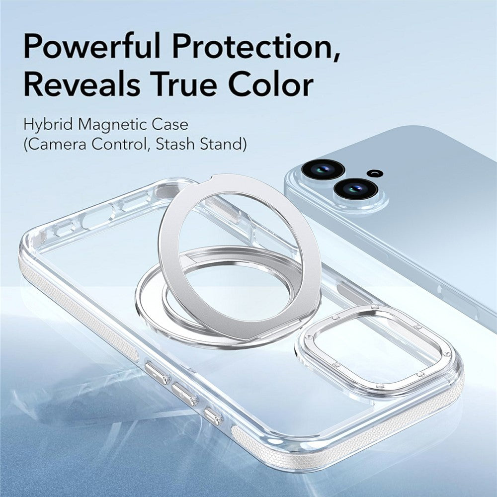 For iPhone 17 Magnetic Case Rotating Ring Kickstand Dual Color Acrylic + TPU Clear Phone Cover