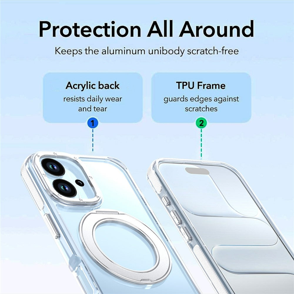 For iPhone 17 Magnetic Case Rotating Ring Kickstand Dual Color Acrylic + TPU Clear Phone Cover