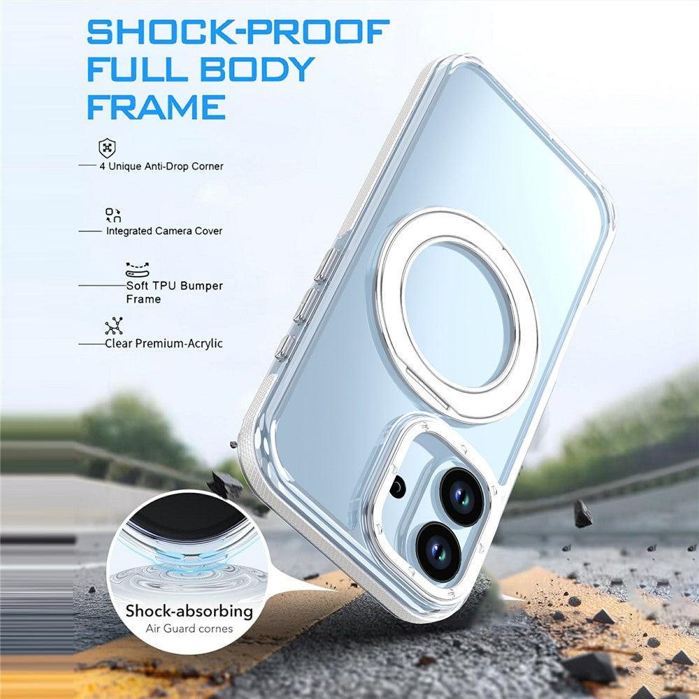 For iPhone 17 Magnetic Case Rotating Ring Kickstand Dual Color Acrylic + TPU Clear Phone Cover