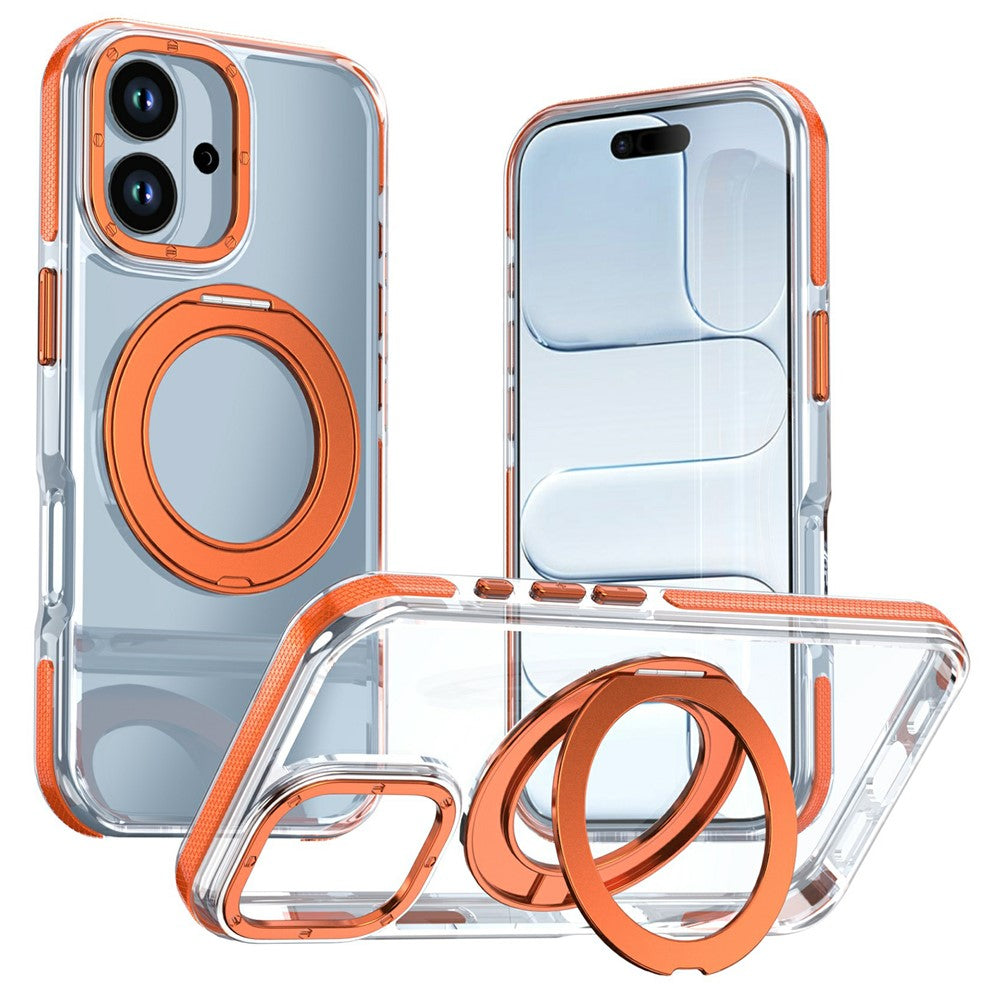 For iPhone 17 Magnetic Case Rotating Ring Kickstand Dual Color Acrylic + TPU Clear Phone Cover