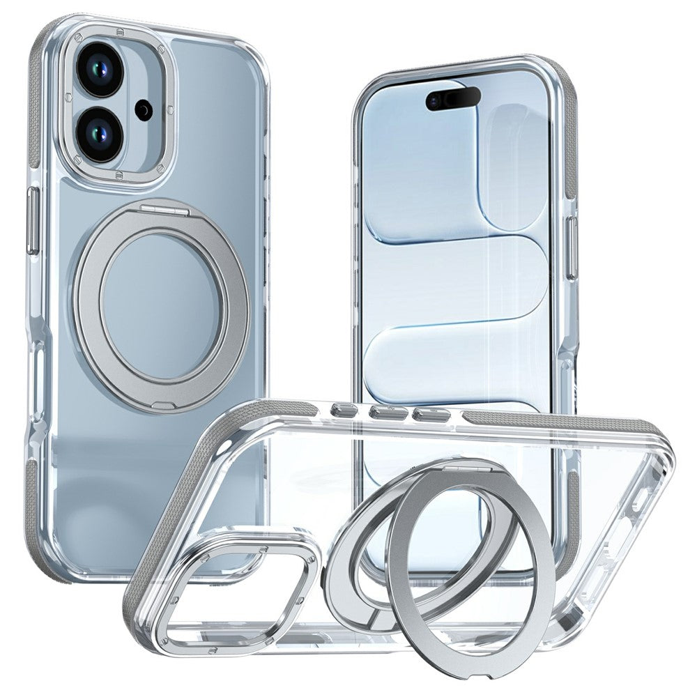For iPhone 17 Magnetic Case Rotating Ring Kickstand Dual Color Acrylic + TPU Clear Phone Cover