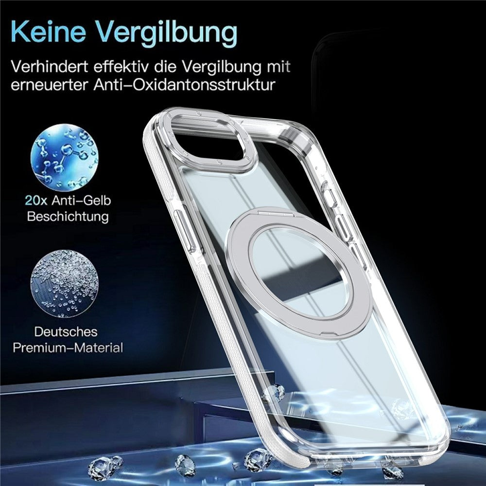 For iPhone 16e  /  17e Magnetic Case Rotating Ring Kickstand Dual Color Acrylic + TPU Clear Phone Cover