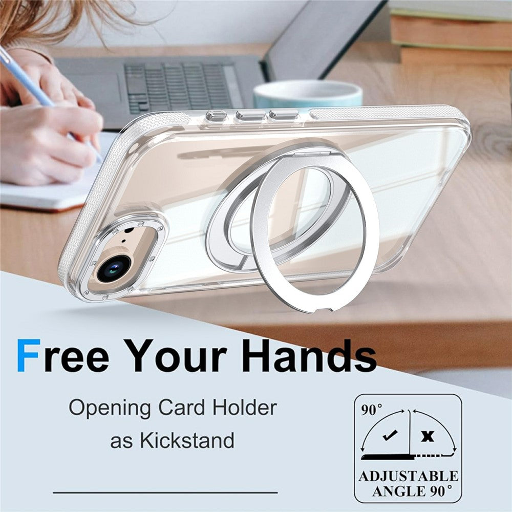 For iPhone 16e  /  17e Magnetic Case Rotating Ring Kickstand Dual Color Acrylic + TPU Clear Phone Cover