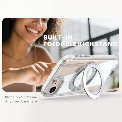 For iPhone 16e  /  17e Magnetic Case Rotating Ring Kickstand Dual Color Acrylic + TPU Clear Phone Cover