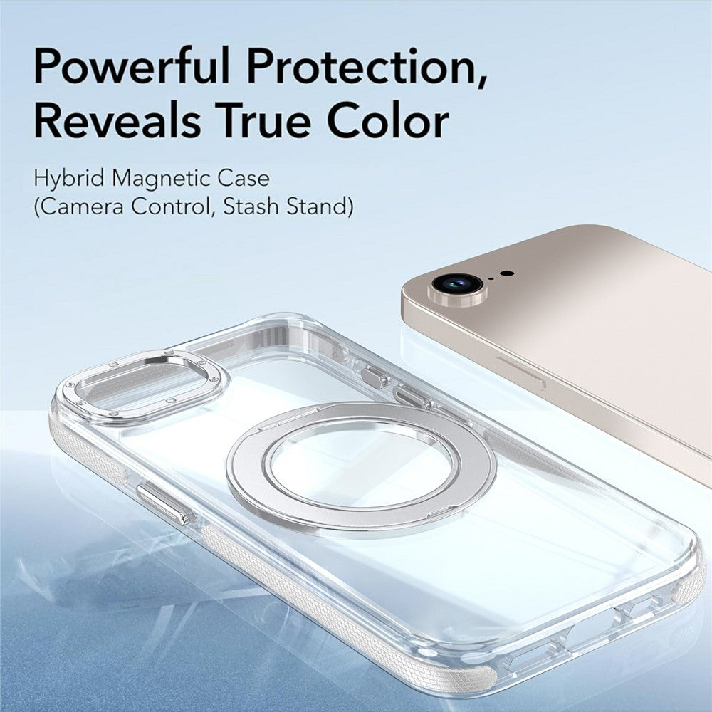 For iPhone 16e  /  17e Magnetic Case Rotating Ring Kickstand Dual Color Acrylic + TPU Clear Phone Cover