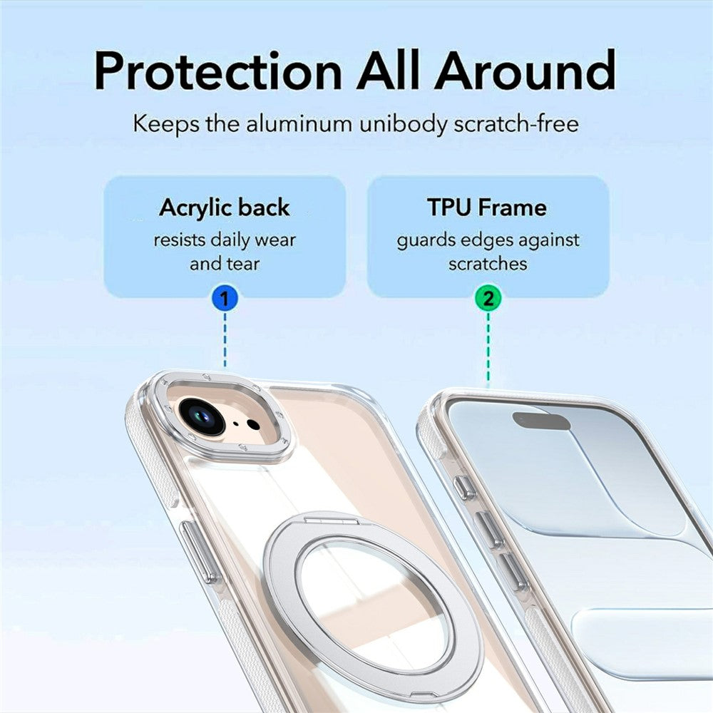 For iPhone 16e  /  17e Magnetic Case Rotating Ring Kickstand Dual Color Acrylic + TPU Clear Phone Cover