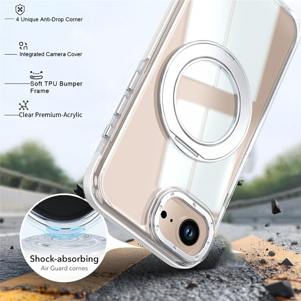 For iPhone 16e  /  17e Magnetic Case Rotating Ring Kickstand Dual Color Acrylic + TPU Clear Phone Cover