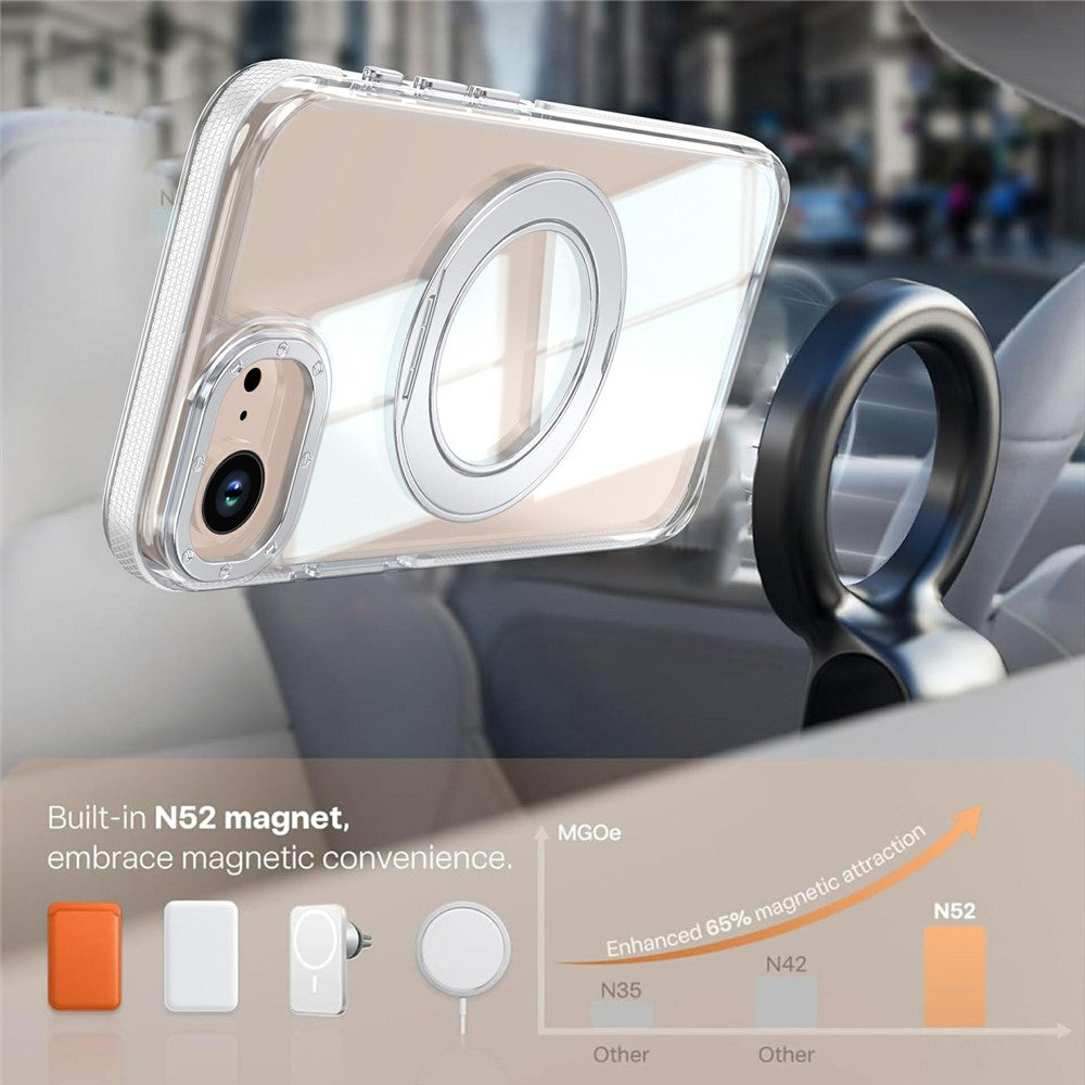 For iPhone 16e  /  17e Magnetic Case Rotating Ring Kickstand Dual Color Acrylic + TPU Clear Phone Cover
