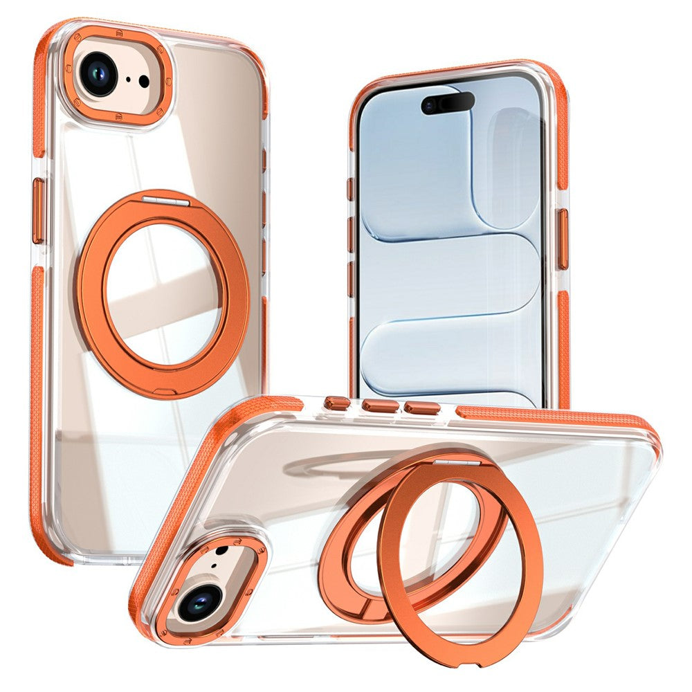 For iPhone 16e  /  17e Magnetic Case Rotating Ring Kickstand Dual Color Acrylic + TPU Clear Phone Cover