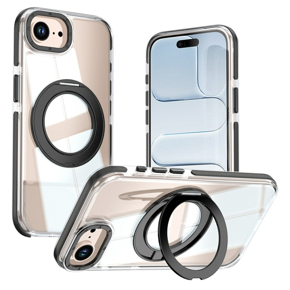 For iPhone 16e  /  17e Magnetic Case Rotating Ring Kickstand Dual Color Acrylic + TPU Clear Phone Cover