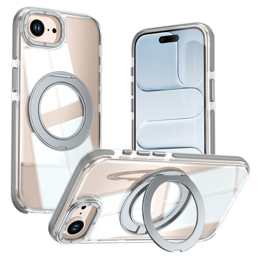 For iPhone 16e  /  17e Magnetic Case Rotating Ring Kickstand Dual Color Acrylic + TPU Clear Phone Cover