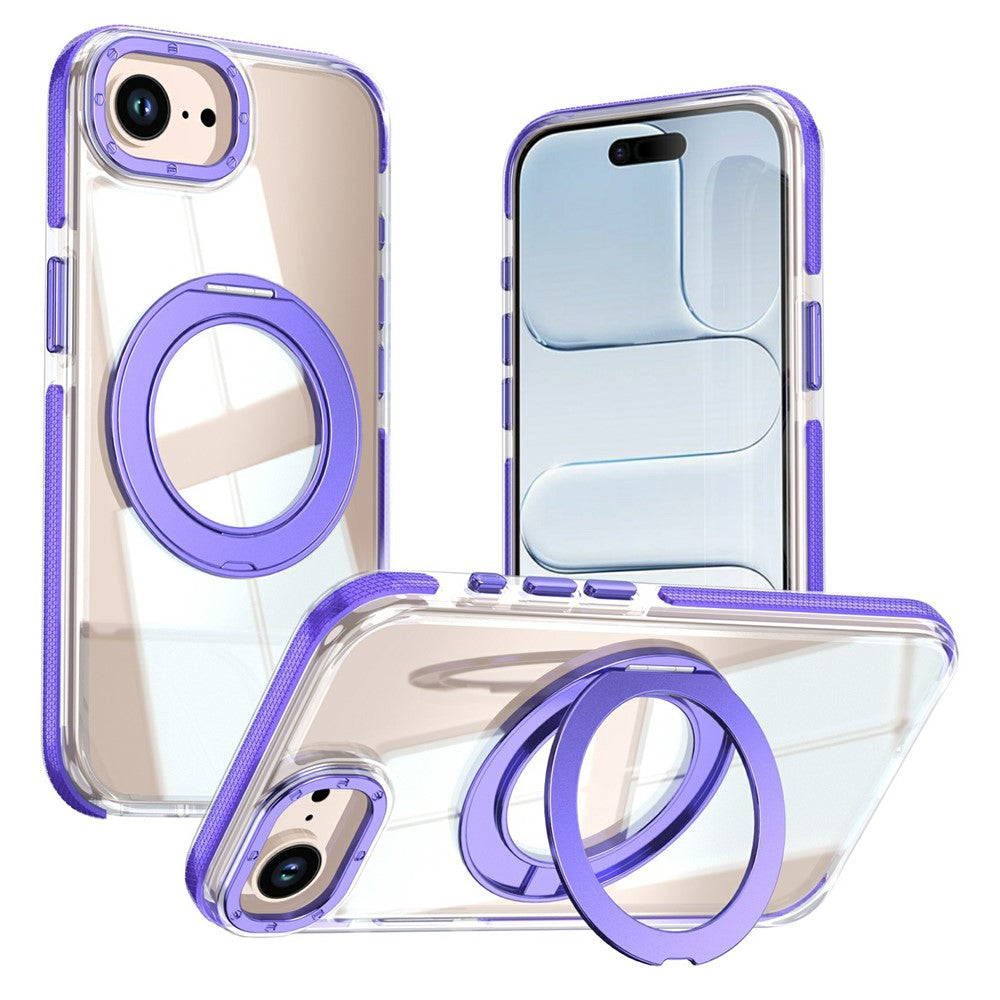 For iPhone 16e  /  17e Magnetic Case Rotating Ring Kickstand Dual Color Acrylic + TPU Clear Phone Cover