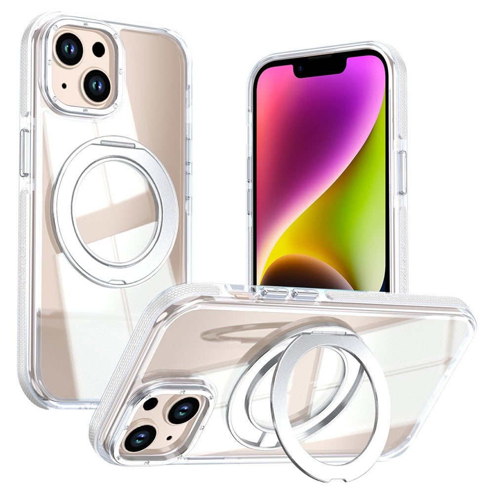 For iPhone 13  /  14 Magnetic Case Rotating Ring Kickstand Dual Color Acrylic + TPU Clear Phone Cover