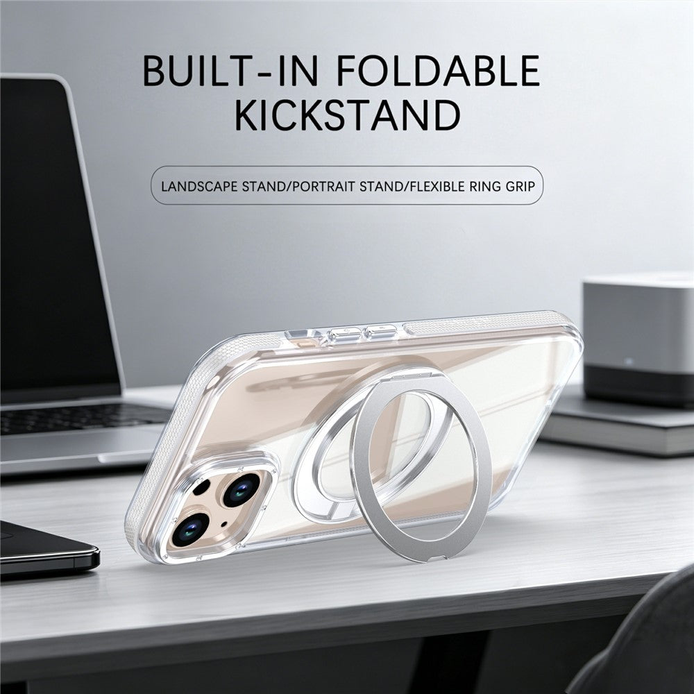 For iPhone 13  /  14 Magnetic Case Rotating Ring Kickstand Dual Color Acrylic + TPU Clear Phone Cover