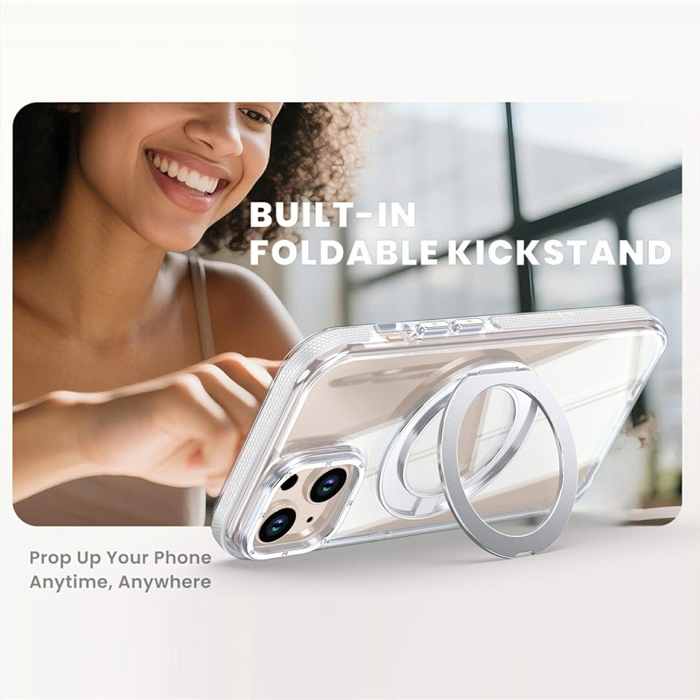 For iPhone 13  /  14 Magnetic Case Rotating Ring Kickstand Dual Color Acrylic + TPU Clear Phone Cover