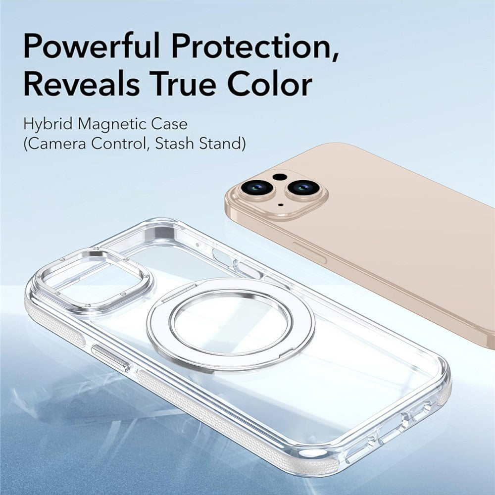 For iPhone 13  /  14 Magnetic Case Rotating Ring Kickstand Dual Color Acrylic + TPU Clear Phone Cover