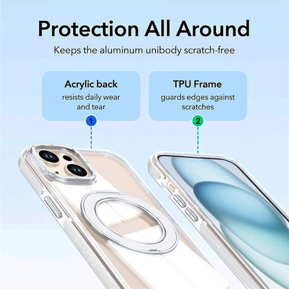 For iPhone 13  /  14 Magnetic Case Rotating Ring Kickstand Dual Color Acrylic + TPU Clear Phone Cover