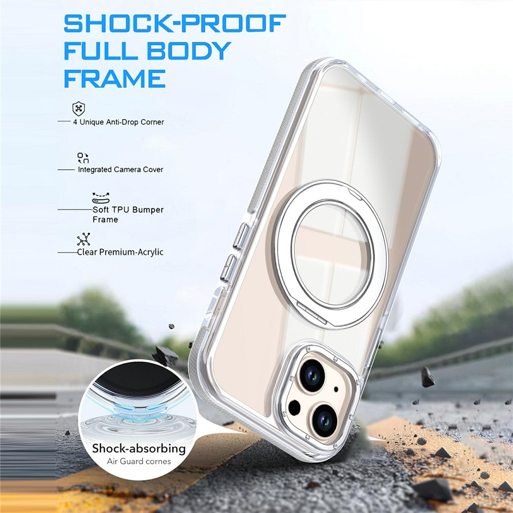 For iPhone 13  /  14 Magnetic Case Rotating Ring Kickstand Dual Color Acrylic + TPU Clear Phone Cover