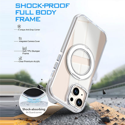 For iPhone 13  /  14 Magnetic Case Rotating Ring Kickstand Dual Color Acrylic + TPU Clear Phone Cover